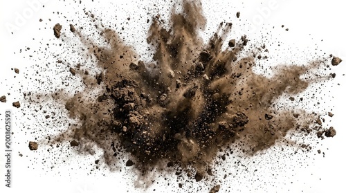 Large ground dust and soil explosion isolated on a white background, dynamic impact burst with flying dirt and debris, clean cutout style presentation, realistic detail, no logos