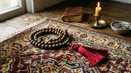 Wooden prayer beads with a red tassel on a rug, spiritual still life with traditional devotional object and warm texture, realistic detail, no logos
