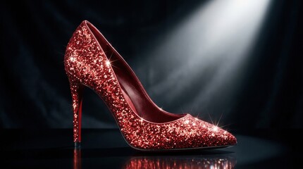 Red glittering high heel shoe sparkling in the spotlight, luxury fashion and glamour concept with elegant shape and dramatic shine, clean background, studio light, realistic detail, no logos