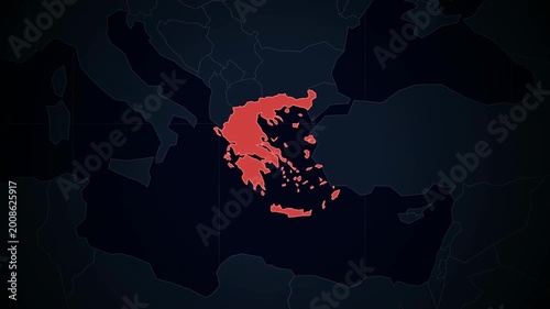 Animated global map highlighting greece with dynamic zoom and focus effects