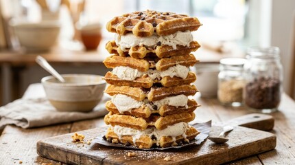 Stacked ice cream sandwiches with creamy vanilla filling and waffles, indulgent frozen dessert tower with rich texture and bakery appeal, close up food styling, bright appetizing light, no logos