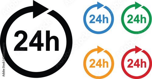 Photography 24 Hours Service Icon Set with Circular Arrow and Time Symbols for Websites, Cus
