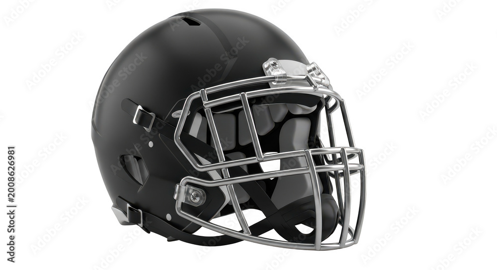 Fototapeta premium Black american football helmet with metal face guard isolated on transparent background