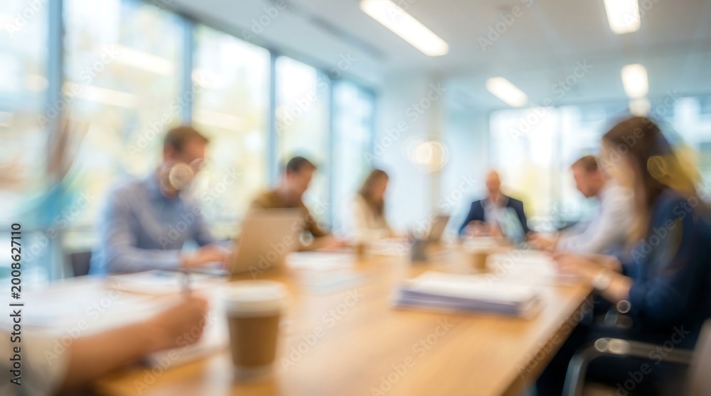 Fototapeta premium blurry office meeting scene with people around conference table high quality professional detailed modern elegant stylish clean crisp vibrant colorful digital creative innovative contemporary