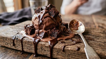 Melted chocolate ice cream with fudgy chunks and dripping sauce on wood, indulgent dessert close up with rich texture and deep cocoa tones, realistic detail, no logos