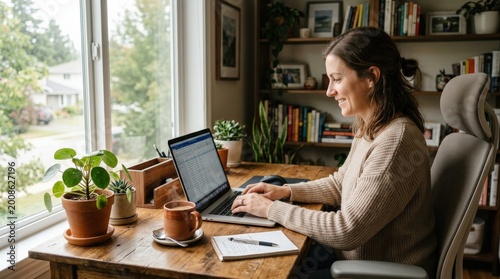 Woman working remotely from home with laptop and coffee, calm productivity lifestyle scene, cozy desk setup, natural morning routine, modern freelance concept, soft window light, realistic detail,
