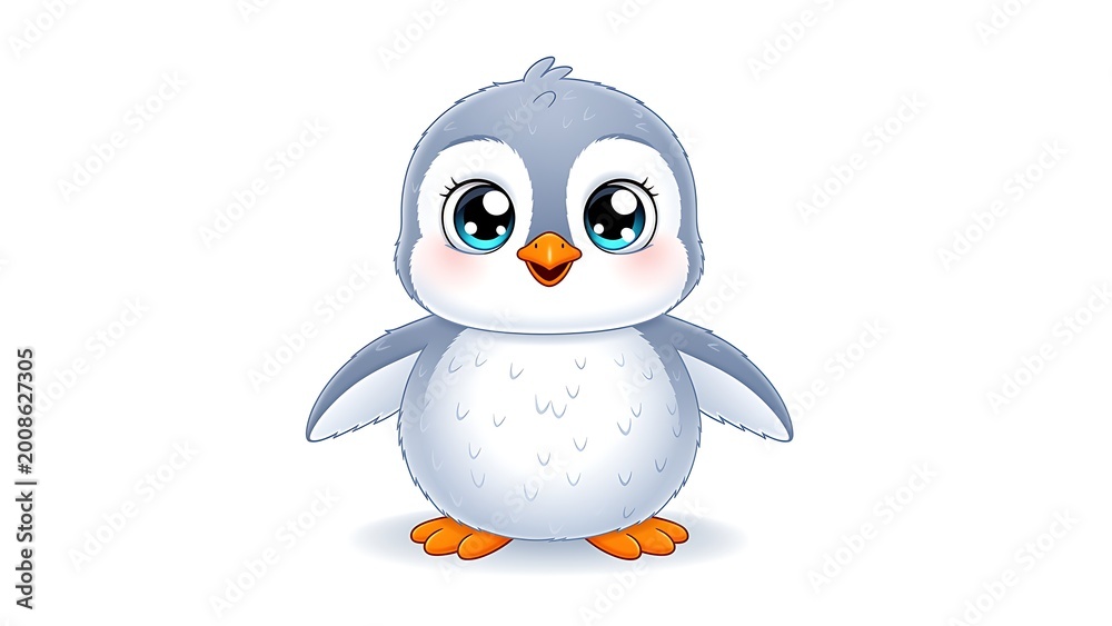 Fototapeta premium Cute baby penguin standing on white background. Adorable cartoon character with big eyes. Wildlife animal illustration for greeting card, children nursery decor and sticker design.