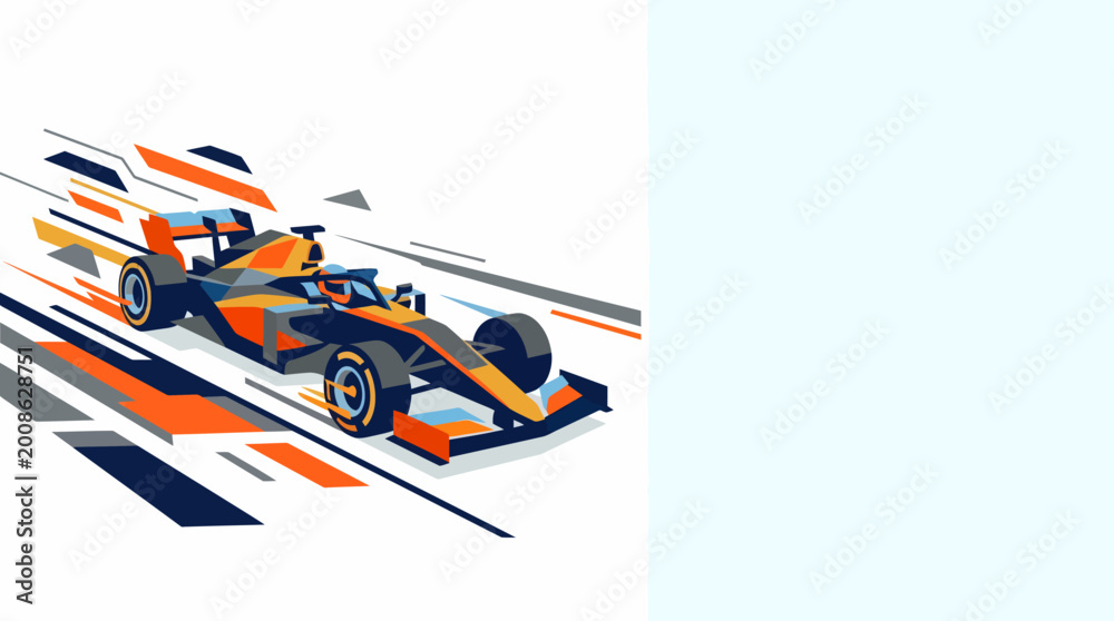 Obraz premium Dynamic illustration of a modern Formula 1 race car in orange and black, speeding with motion blur and abstract geometric lines on a white background.