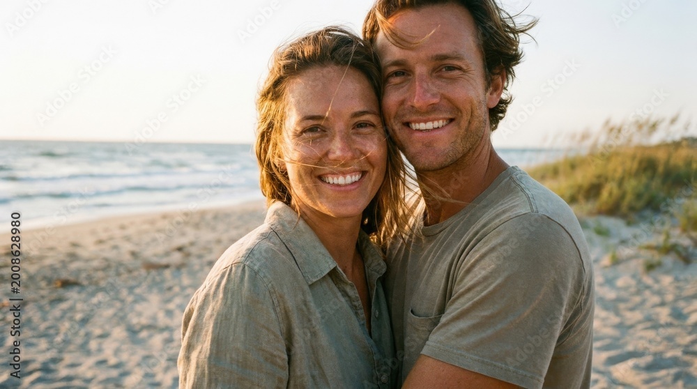 Fototapeta premium Film style closeup portrait of a happy couple at the beach on vacation, romantic summer lifestyle concept for travel, love, leisure and authentic connection themes, golden light, candid smiles,