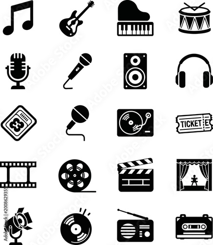 Music and film icons on a transparent background