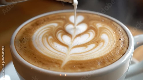 Delicate latte art with frothy milk patterns created on a warm coffee beverage inside a white cup
