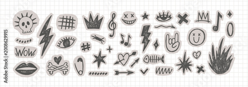 Punk rock doodle stickers with lightning bolts, hand-drawn fire flames, and edgy rock music icons. Doodle vector illustration collage design.