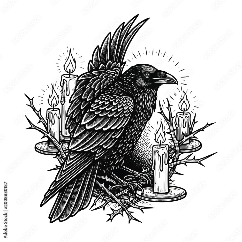 Fototapeta premium Black bird sitting on candles.