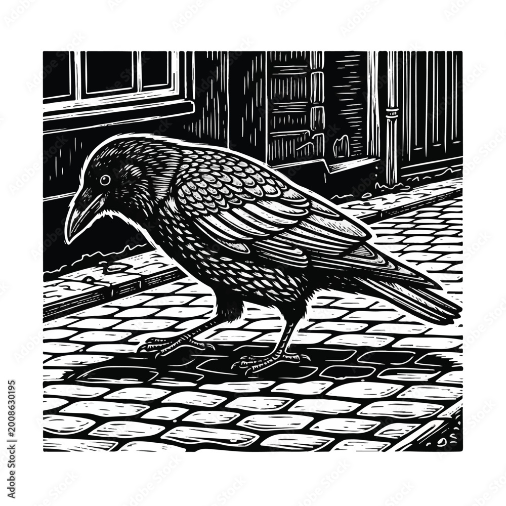 Fototapeta premium Black bird walking on cobblestone street.