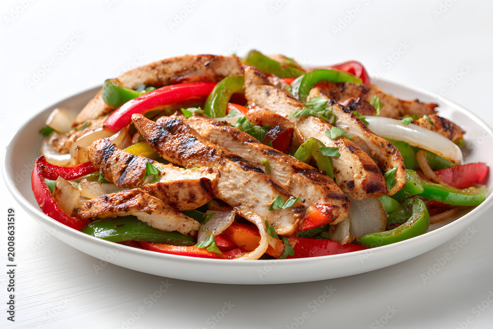 Fototapeta premium Deliciously Grilled Chicken Fajitas Served with Colorful Bell Peppers and Onions on a White Plate