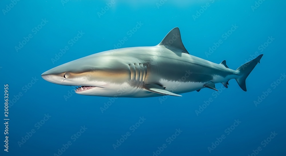Fototapeta premium Tiger shark swimming in blue ocean.