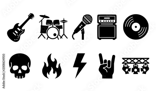 Heavy metal and rock music silhouette icons, black vector symbols on white background.