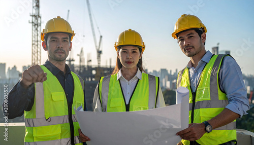 Professional Asian architects and engineers in safety gear review blueprints at a sunrise construction site. Representing teamwork, urban growth, and project success for corporate industries.
