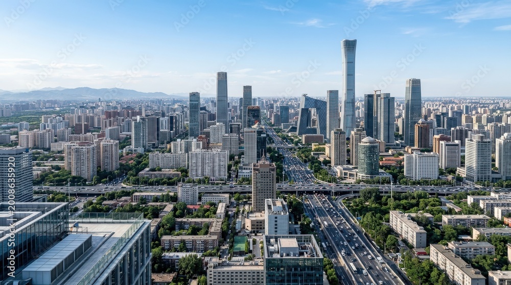 Obraz premium Skyline of Beijing, expansive urban panorama with modern towers and dense city structure, travel and business destination, atmospheric perspective, crisp daylight, realistic architecture, editorial