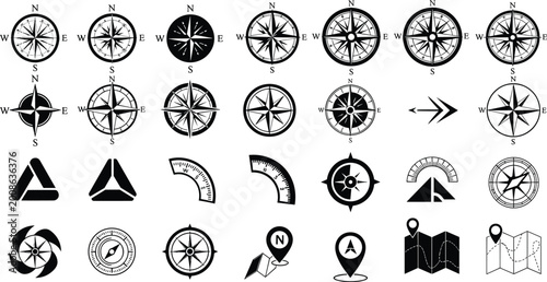 Compass rose navigation icons, direction orientation symbols, map location pins, geometric compass star designs, wayfinding cartography elements set, flat vector illustration