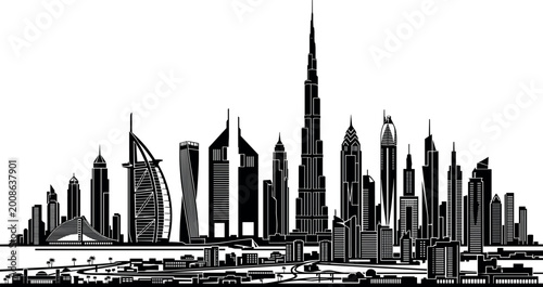 Konstfotografi Detailed Black Silhouette of Dubai Skyline Featuring Burj Khalifa and Burj Al Ar