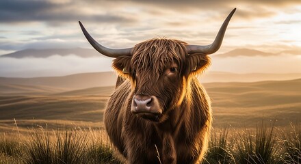 Highland cow in natural landscape scenery.