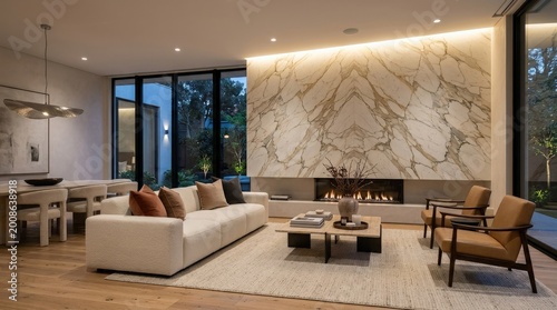 Foto Elegant modern interior with a stunning marble wall and ambient lighting, luxury