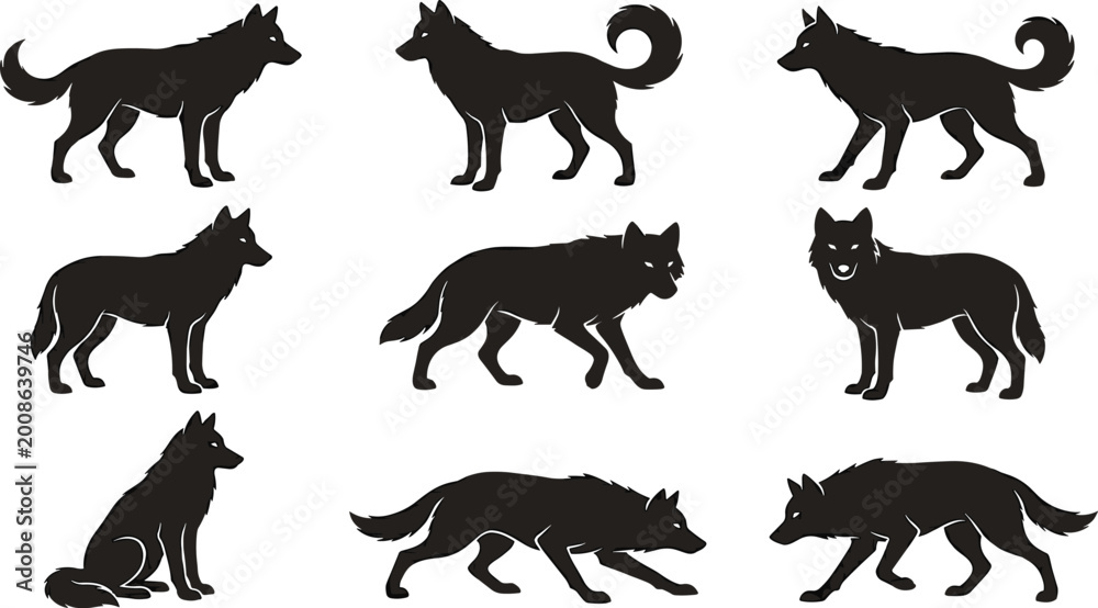 Obraz premium Wolf Silhouette Vector Set with Multiple Wild Canine Poses Including Walking, Standing, Sitting, and Hunting for Wildlife Design, Nature Illustration, and Animal Graphics