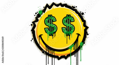 Dripping smiley face with dollar signs for eyes, graffiti style