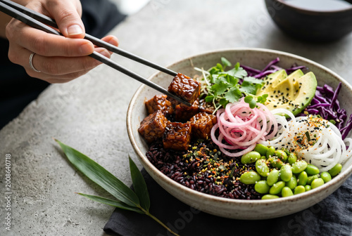 Sustainable Asian Fusion Tempeh Poke Bowl with Black Rice and Edamame, Minimalist Healthy Food
