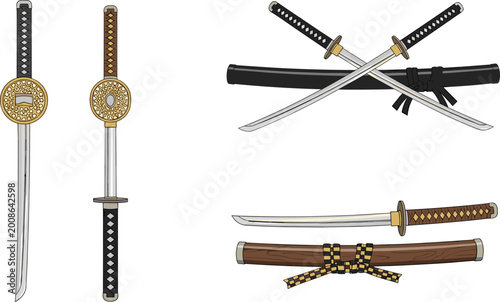 Canvas Print Samurai Sword Illustrations with Black and Brown Handles for Martial Arts, Weapo