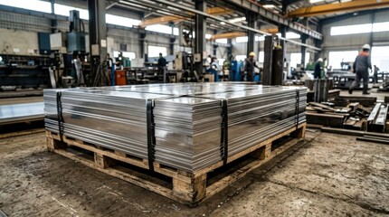 Stack of shiny metal sheets in industrial setting, manufacturing materials concept with reflective surfaces and blurred factory background, realistic detail, no logos