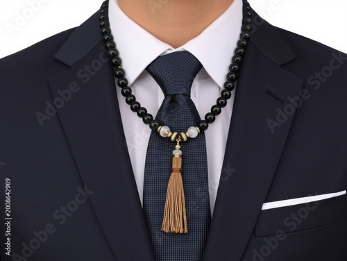 Elegant man in a black suit wearing a beaded necklace with a brown tassel pendant detail for a stylish and formal business fashion look