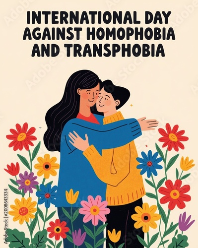 International day against homophobia and transphobia illustration with a loving couple embracing among colorful flowers for pride celebration