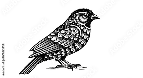 Bild auf Leinwand Detailed Ornithological Illustration of a Small Bird, Ink Drawing