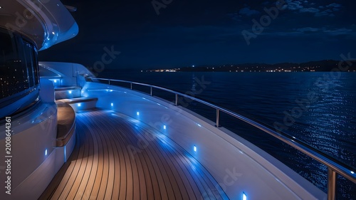 Minimalist close-up of a luxury yacht deck at night, teak wood floor, glowing blue led lights,
calm ocean in the background