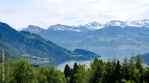 Scenic view from Rigi Kaltbad hiking route overlooking Lake Lucerne, surrounded by lush green forests and snow-capped mountains in Switzerland's picturesque landscape