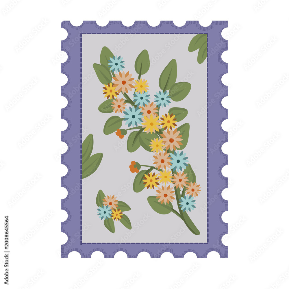 Obraz premium A unique stamp design shows bright flowers and green leaves arranged on a light background and framed by a purple outline. The flowers have various colors.