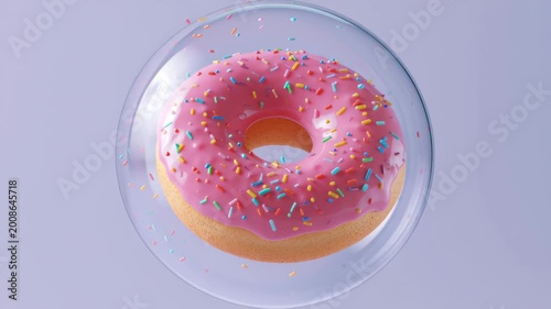 Pink frosted donut with colorful sprinkles rotating inside a glass bowl against a soft pastel background, showcasing its texture and vibrant colors in a visually appealing manner