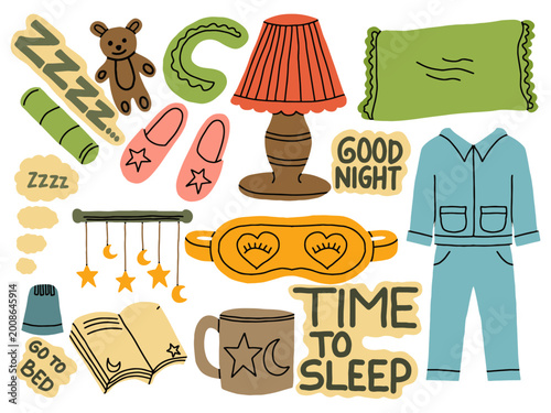 Canvas Print Hand drawn sleep and bedtime routine doodle element collection