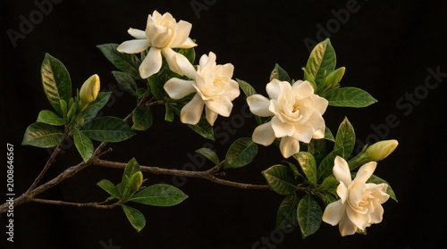 Schilderij op canvas White gardenia flowers and lush leaves on a branch against a dark background, el