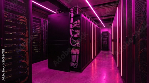 Dark technology data center with telecom server racks illuminated by pink neon light, clean professional composition, scientific or technology context, realistic detail, sharp focus, soft light,