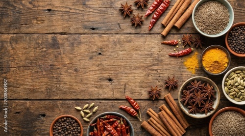 Assorted spices arranged on a textured wooden background with copy space for text, premium stock image, clean marketable composition, refined details, soft natural lighting, realistic textures,