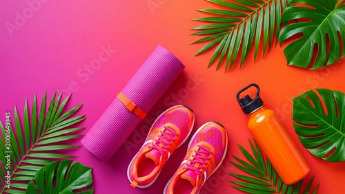 Rolled yoga mat with running shoes and water bottle among tropical leaves on vibrant gradient background. Fitness essentials flat lay for healthy lifestyle and workout motivation