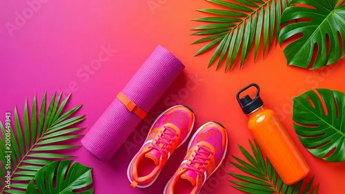 Fototapeta na wymiar Rolled yoga mat with running shoes and water bottle among tropical leaves on vibrant gradient background. Fitness essentials flat lay for healthy lifestyle and workout motivation