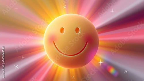 Smiling cartoon sun character with glowing rays radiating outward, showcasing a vibrant and cheerful atmosphere in a colorful digital illustration