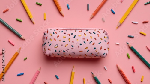 Sprinkled pencil case surrounded by colored pencils on pink background, overhead view