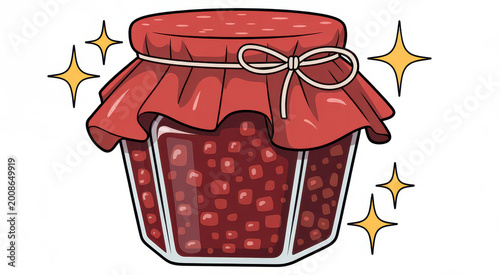 Cartoon of a glass jar filled with red jam with a fabric lid on a white background