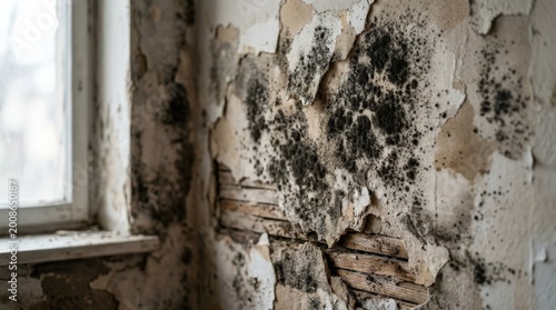 Close up view of a deteriorated wall covered in harmful black mold and extensive decay, premium stock image, clean marketable composition, refined details, soft natural lighting, realistic textures,