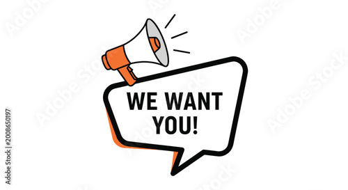 Megaphone shouting a we want you message in a speech bubble for recruitment hiring and talent acquisition campaign for business.
